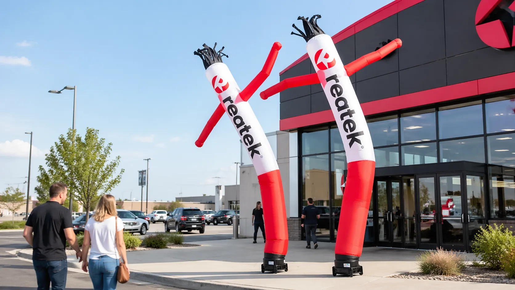 Airdancer nafukovací reklamný pútač REATEK pred prevádzkou ako dynamický prvok na prilákanie pozornosti okoloidúcich