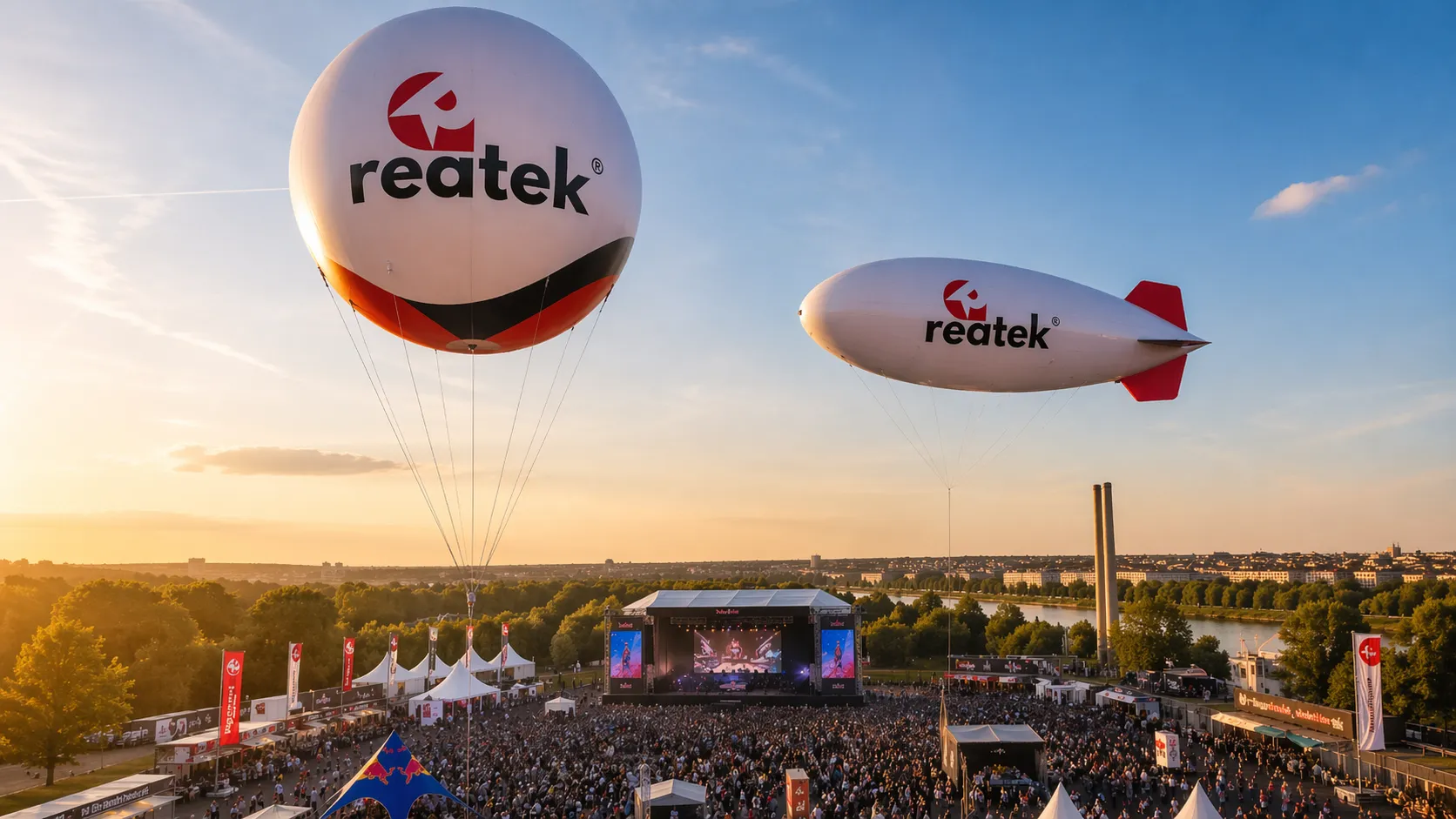 Héliový balón a héliová vzducholoď REATEK nad festivalovým areálom ako dominantné reklamné body eventu