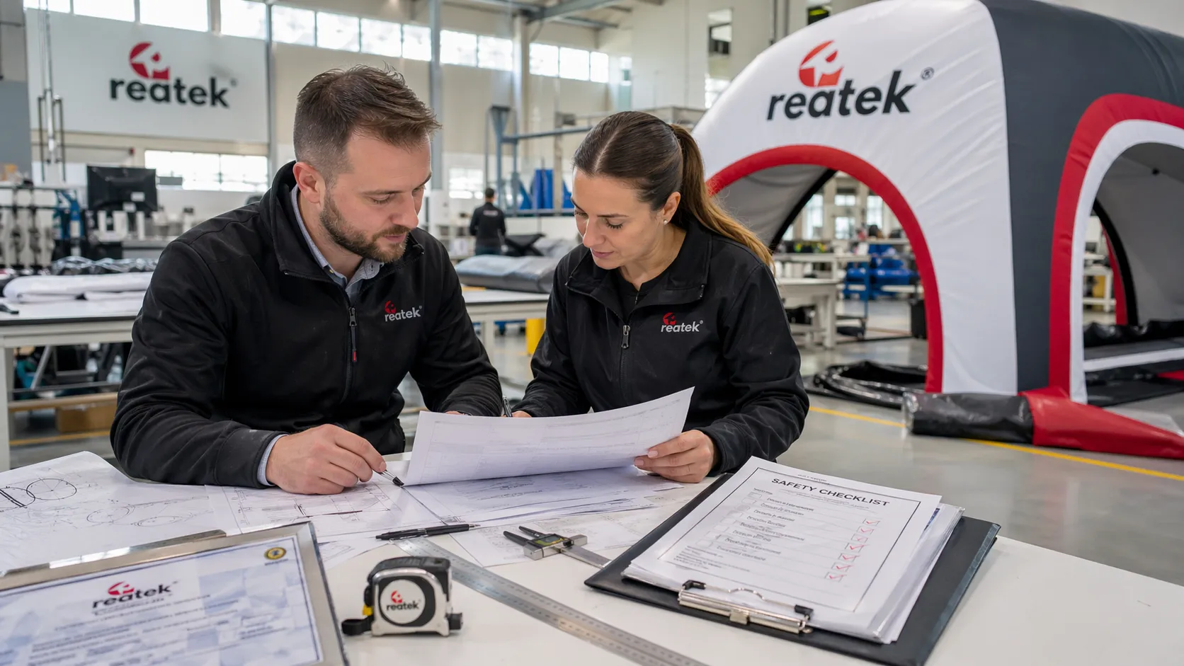 Technik a inžinier REATEK kontrolujú technickú dokumentáciu, bezpečnostný checklist a kvalitu nafukovacej reklamnej konštrukcie vo výrobnom prostredí