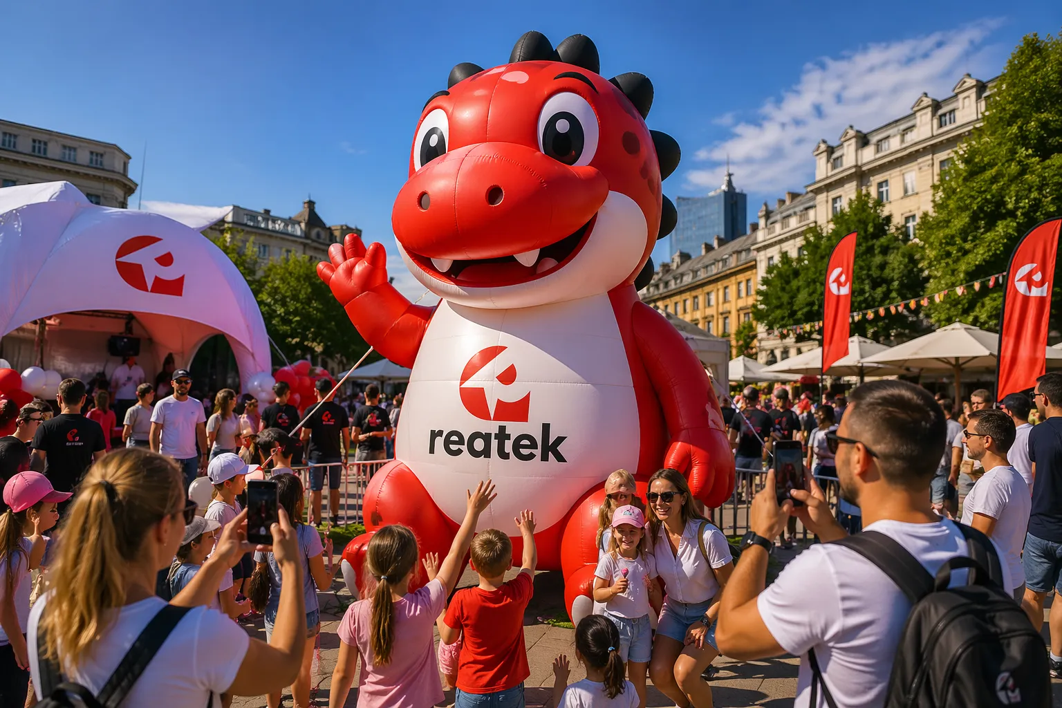 Nafukovací maskot REATEK na mieru ako veľký 3D brand prvok a fotopoint na mestskom evente