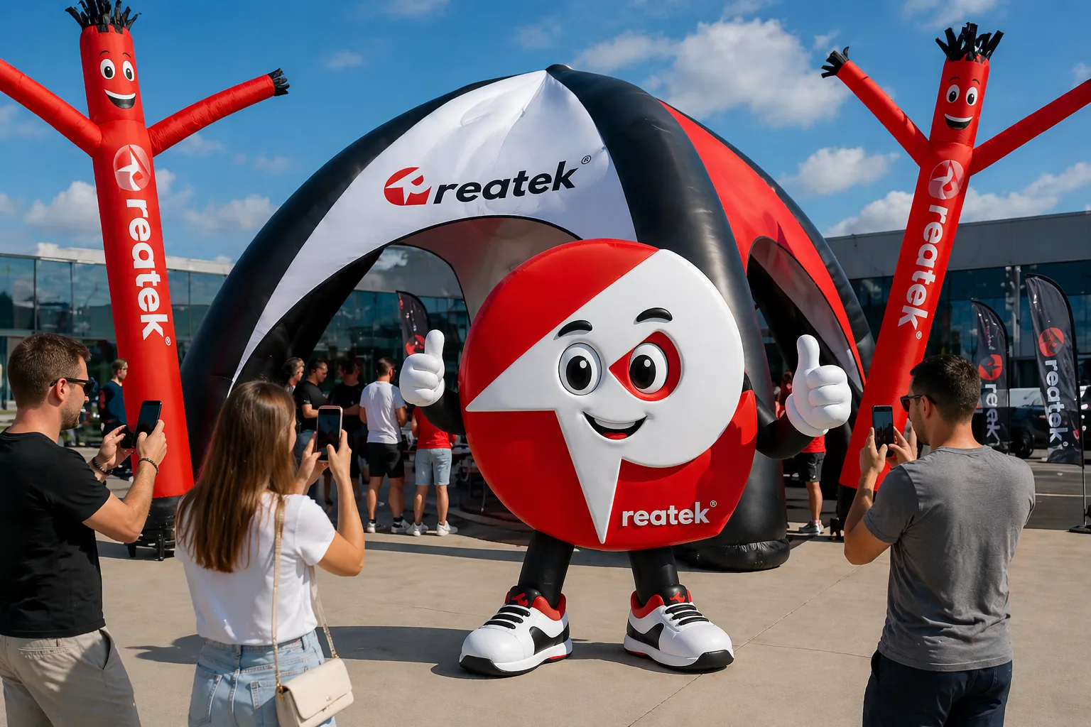 Nafukovací maskot REATEK v reálnom vonkajšom prostredí s pneumatickým stanom, airdancermi a ľuďmi fotografujúcimi reklamnú prezentáciu