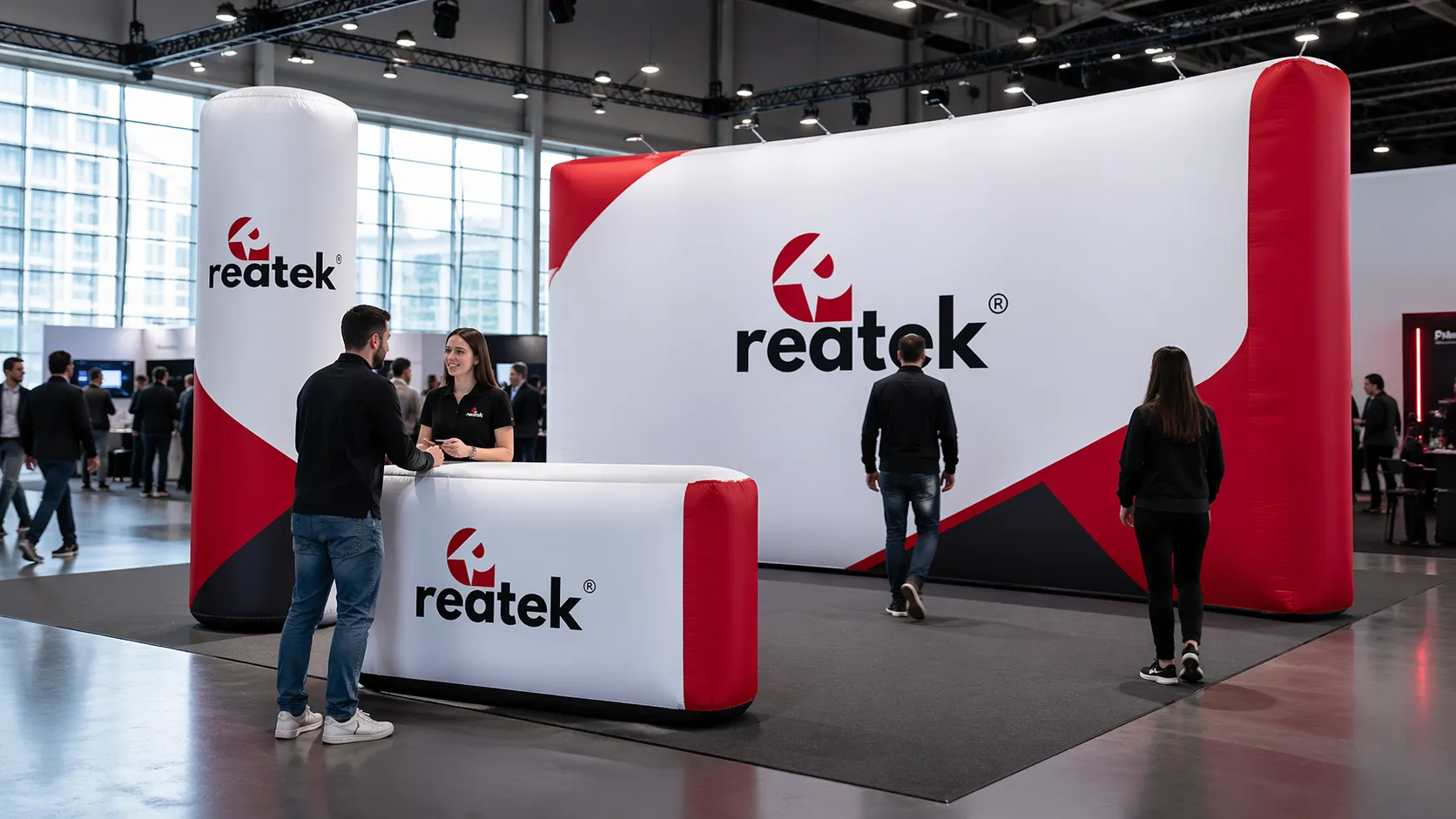 Nafukovací totem a reklamná stena REATEK v modernej expo zóne s prezentačným pultom a návštevníkmi