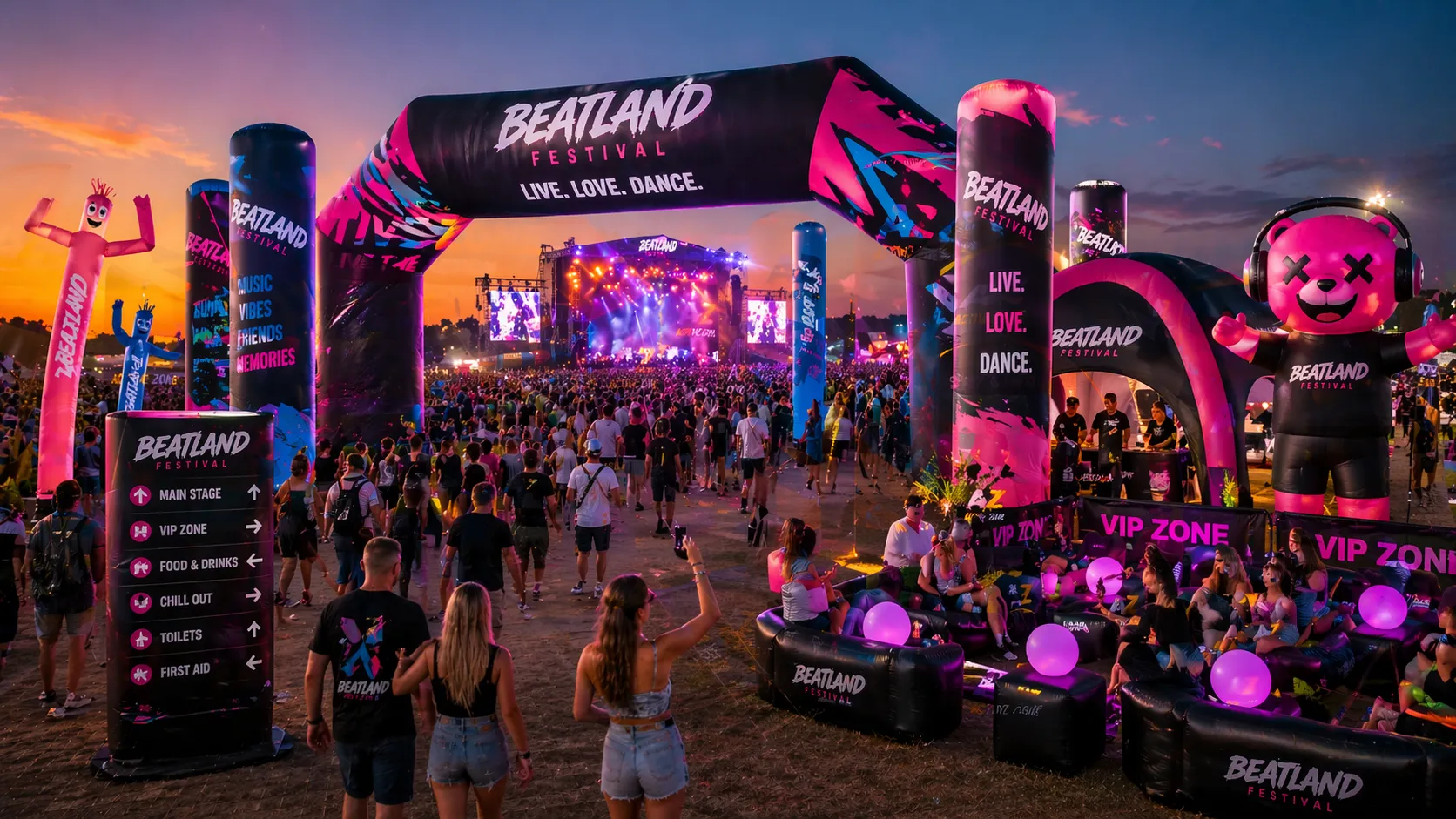 Nafukovacia reklama pre festivaly a kultúrne podujatia s veľkou nafukovacou vstupnou bránou, reklamnými stĺpmi, pneumatickými stanmi, 3D maskotom, airdancermi a branded VIP zónou.