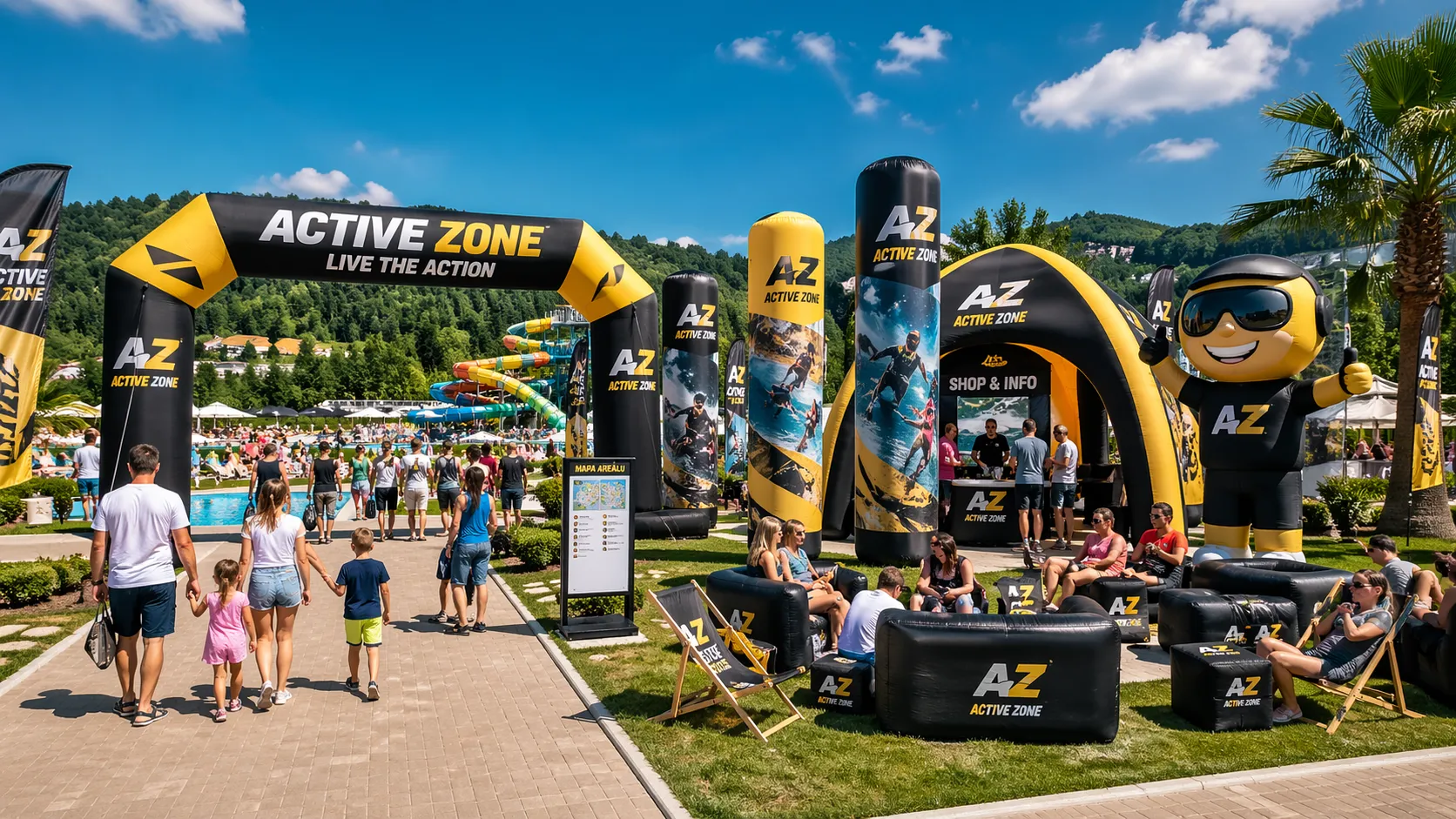 Nafukovacia reklama pre športové areály, aquaparky a sezónne strediská s nafukovacou vstupnou bránou, pneumatickým stanom, reklamnými stĺpmi, 3D maskotom a chill-out zónou pre návštevníkov.