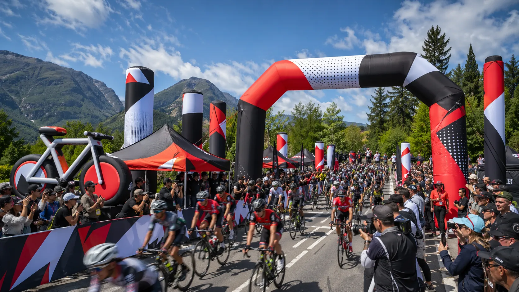 Nafukovacia reklama pre cyklistické podujatia so štartovou bránou, nafukovacími stĺpmi a športovou event zónou pri pretekoch
