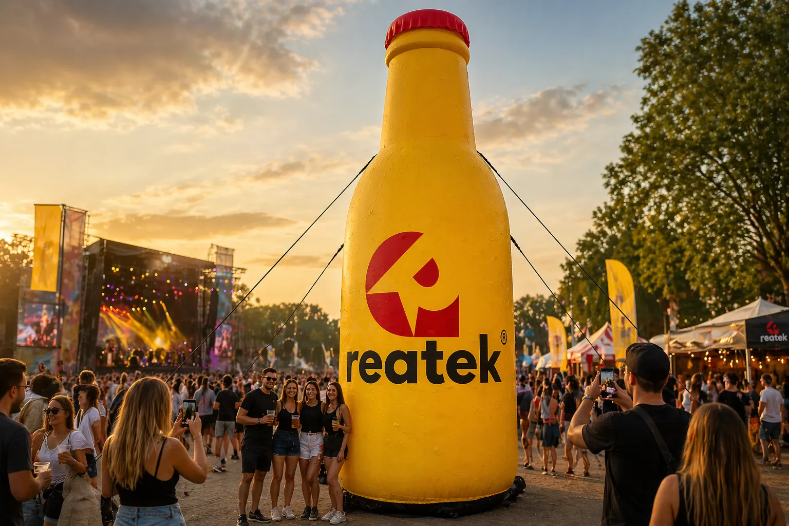 XXL nafukovacia fľaša REATEK na festivale ako dominantný reklamný fotopoint