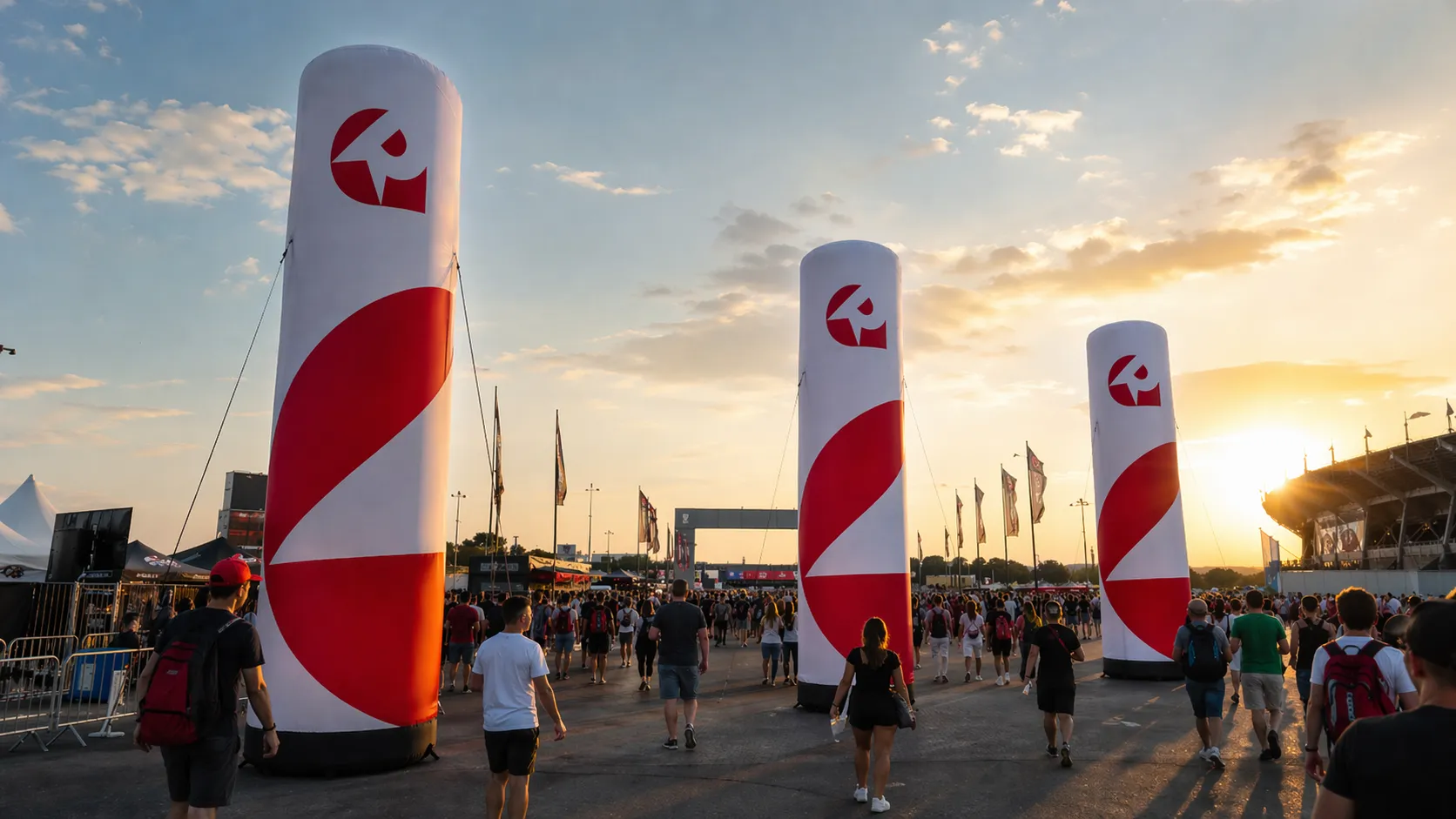 Nafukovacie reklamné stĺpy REATEK na festivale ako vysoké navigačné body viditeľné z diaľky