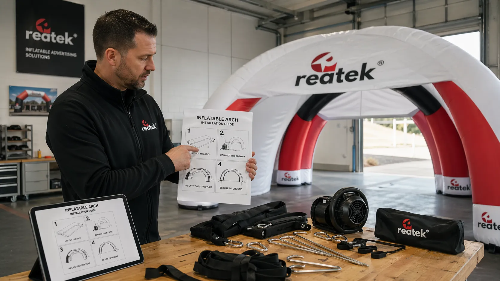 Technik REATEK ukazuje postup inštalácie nafukovacej reklamnej brány s návodom, tabletom, príslušenstvom a čiastočne nafúknutou konštrukciou v technickom priestore