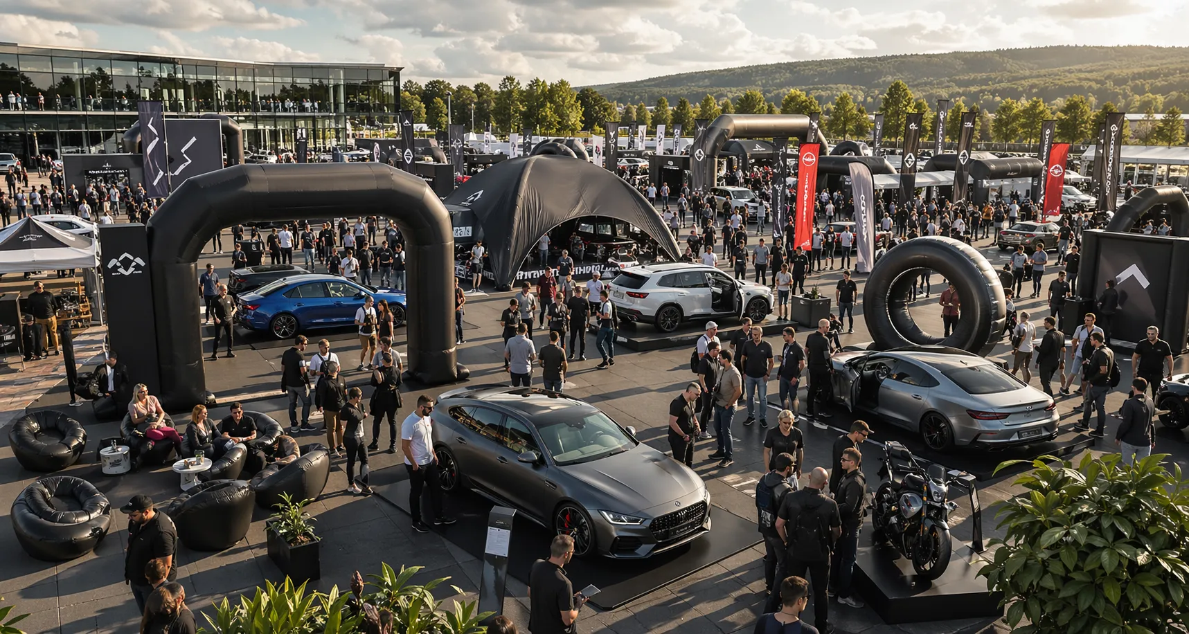 Prémiový automotive veľtrh s nafukovacím stanom, vstupnou bránou, totemami a vystavenými autami a motorkami v exteriéri