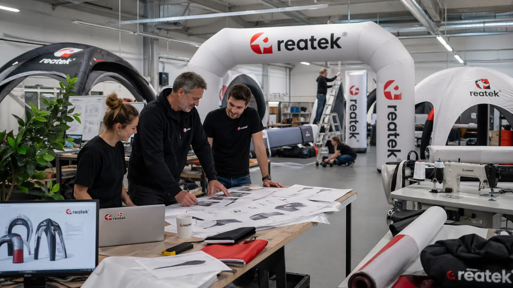 Profesionálna výroba nafukovacej reklamy REATEK v modernom produkčnom prostredí s dizajnérmi, technikmi a hotovými nafukovacími produktmi