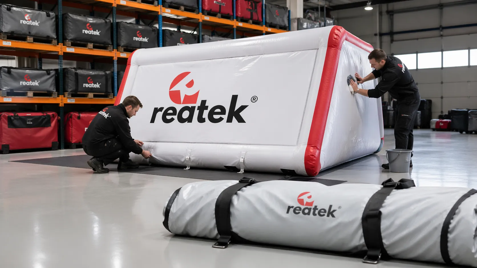 Technici REATEK kontrolujú a čistia nafukovaciu reklamu v servisnom prostredí, aby bola pripravená na bezpečné opakované používanie pri eventoch a promo akciách.